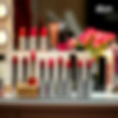 Display of popular light lipstick brands on a vanity table.