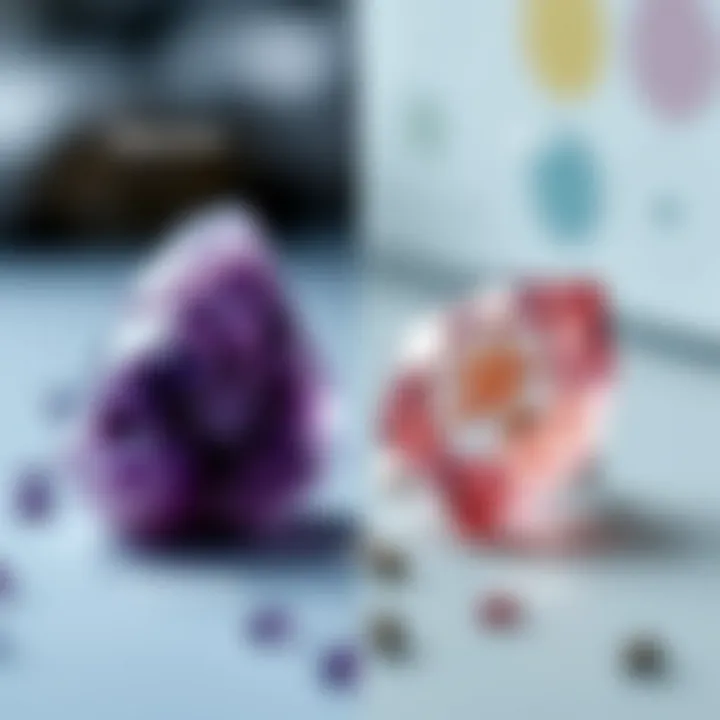 A comparison image of genuine amethyst on one side and imitation stone on the other, highlighting the differences.