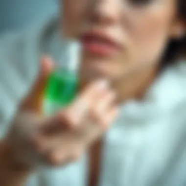 A hand applying green serum on the skin