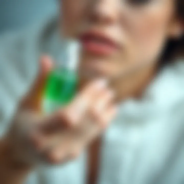 A hand applying green serum on the skin