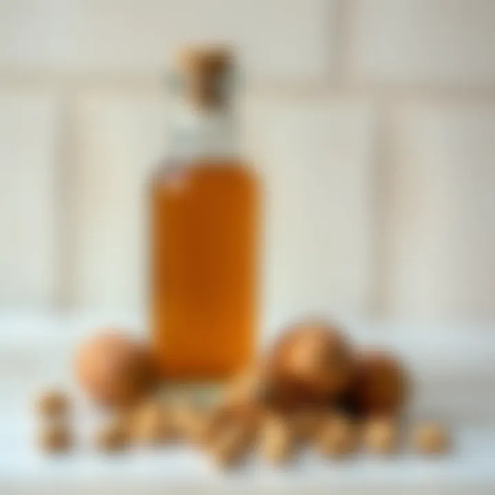 Close-up of argan oil bottle with fresh argan nuts