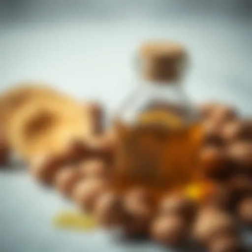 Close-up of Argan Oil A close-up view of Argan oil in a glass bottle surrounded by nuts