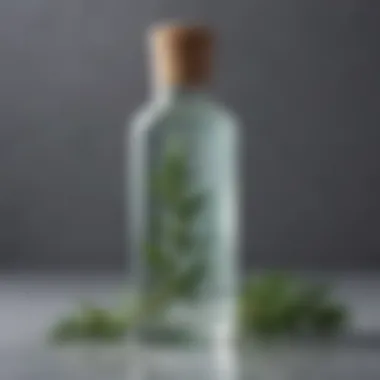 A clear bottle filled with rosemary water