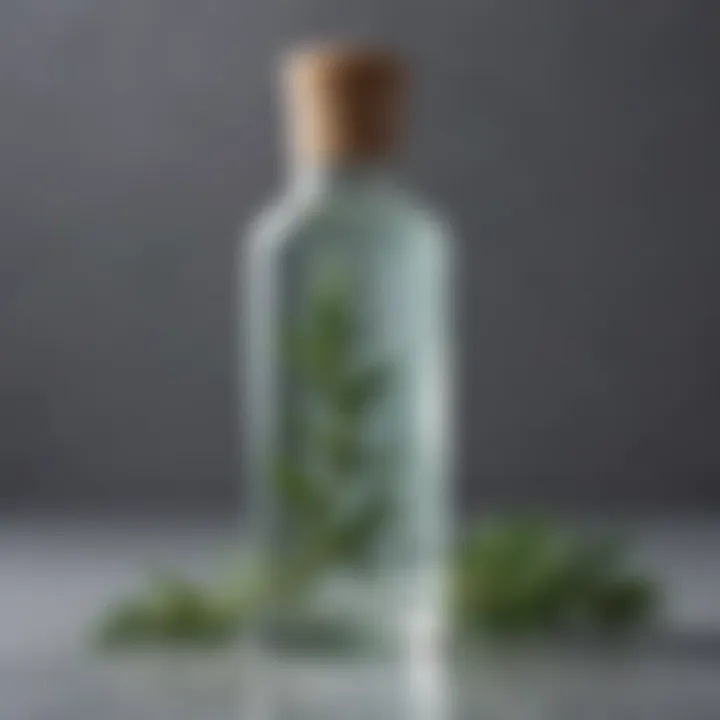 A clear bottle filled with rosemary water