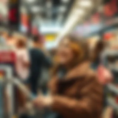 An enthusiastic shopper exploring Black Friday discounts in a crowded store