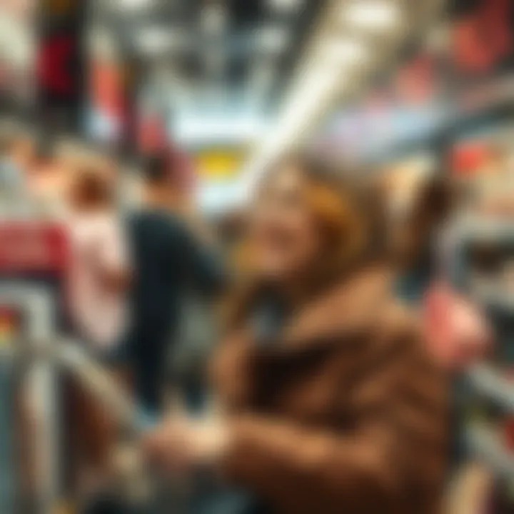An enthusiastic shopper exploring Black Friday discounts in a crowded store