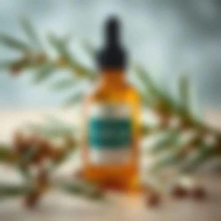 Natural Tea Tree Oil and Its Essence Close-up of tea tree oil bottle with natural elements