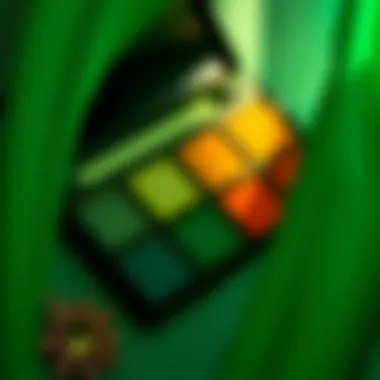 A palette of eyeshadow colors that complement green dresses.