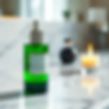 An elegant bottle of green serum on a marble countertop