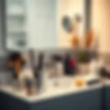 A serene bathroom setup with hair cutting tools