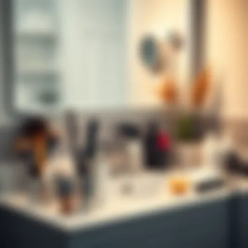 A serene bathroom setup with hair cutting tools