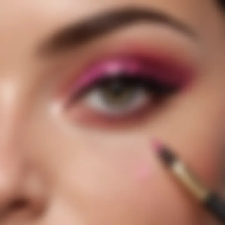 A close-up of a blending brush in action with vibrant eyeshadow colors.