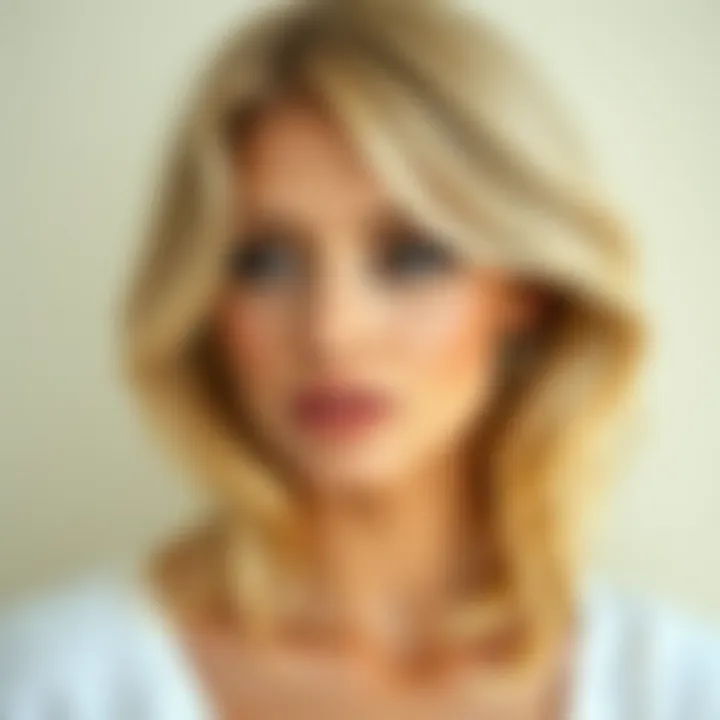 Radiant Golden Blonde Look A model showcasing a stunning golden blonde hairstyle against a neutral background.