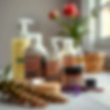 Natural hair care products arranged aesthetically