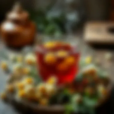 A steaming cup of chamomile tea with herbs surrounding it