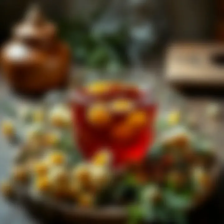 A steaming cup of chamomile tea with herbs surrounding it