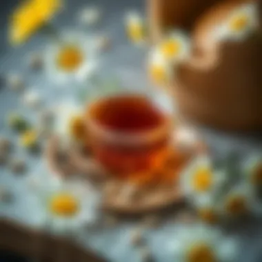 An elegant arrangement of chamomile flowers and tea ingredients