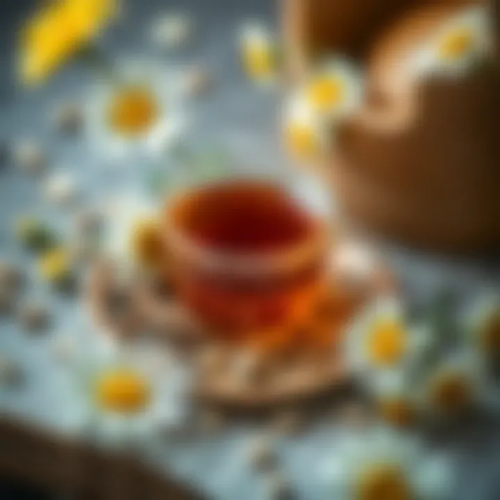 An elegant arrangement of chamomile flowers and tea ingredients