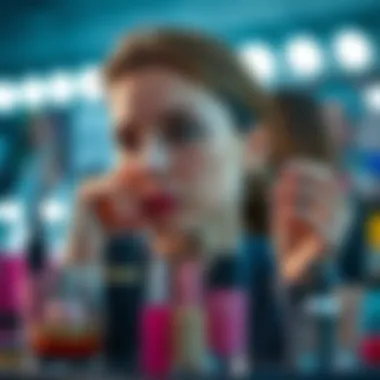 A thoughtful person analyzing various beauty products.