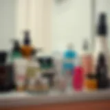 A diverse range of skincare products on a bathroom shelf.