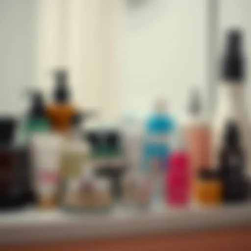 A diverse range of skincare products on a bathroom shelf.