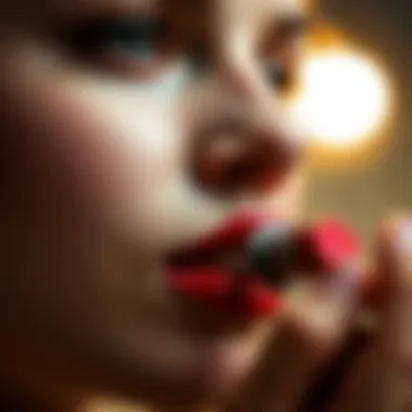 Precision Application of Red Lipstick A close-up view of a woman applying red lipstick with precision.