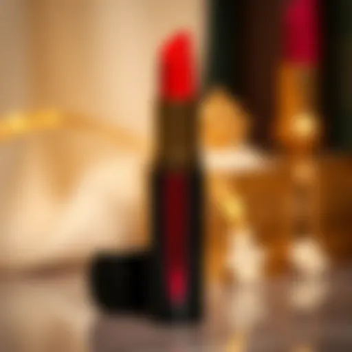 Elegant Display of Red Lipstick A vibrant red lipstick tube elegantly displayed against a luxurious background.