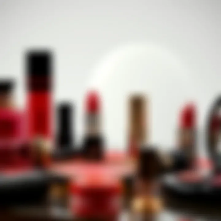 Luxurious Makeup Setup with Red Lipstick A luxurious makeup setup featuring red lipstick and beauty accessories.