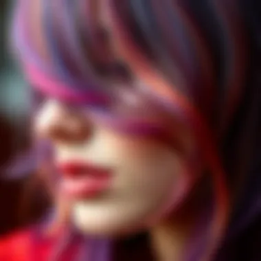 Close-up of layered hairstyle with vibrant color highlights