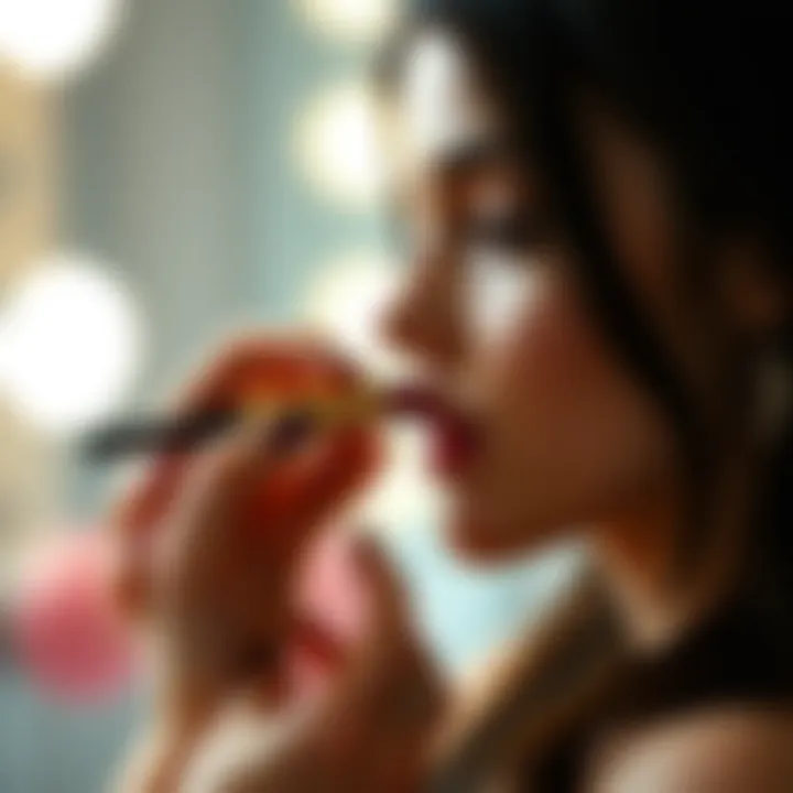 Application Technique of Kylie Lipstick A makeup artist applying Kylie lipstick on a model