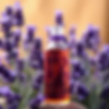 Lavender oil bottle with fresh lavender sprigs