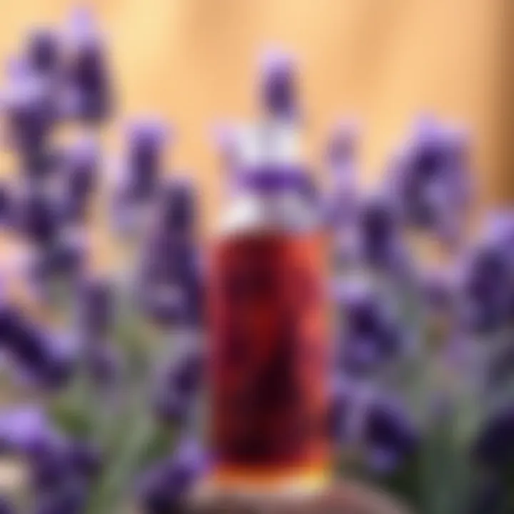 Lavender oil bottle with fresh lavender sprigs