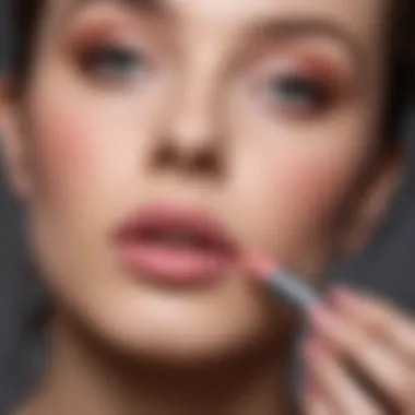 A makeup artist applying pastel lipstick on a model's lips.