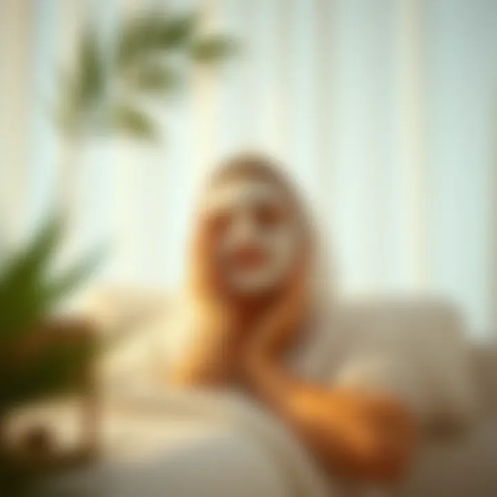 A serene setting illustrating the application of a facial mask in a relaxing environment