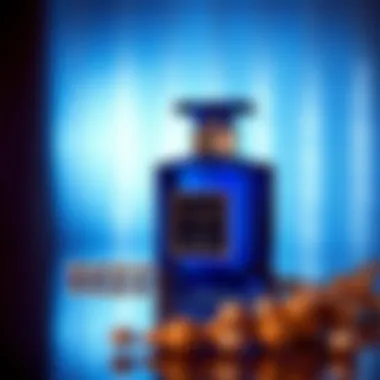 An elegant perfume bottle with a blue hue, epitomizing luxury and sophistication.