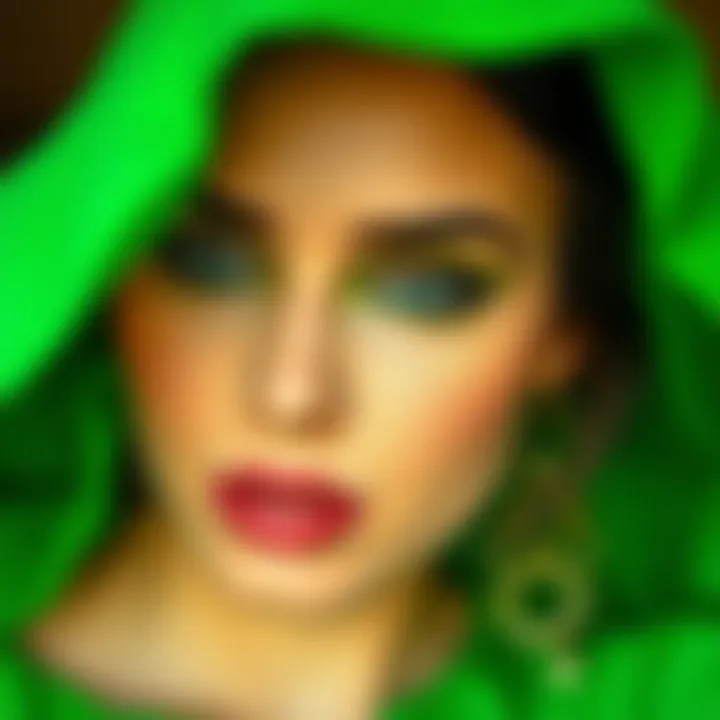 Close-up of a model wearing green dress with perfectly matched eyeshadow.