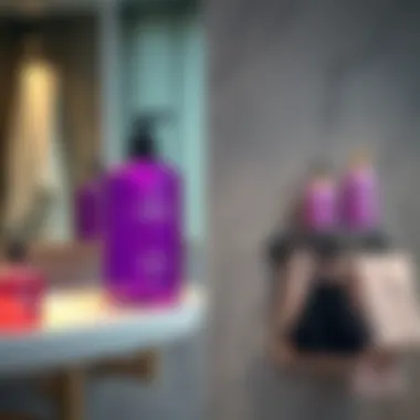 Vibrant purple shampoo bottle on a stylish bathroom shelf