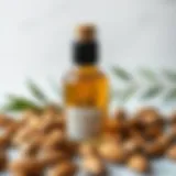 Natural almond oil bottle with almonds around