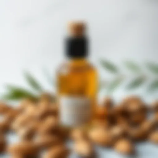 Natural almond oil bottle with almonds around