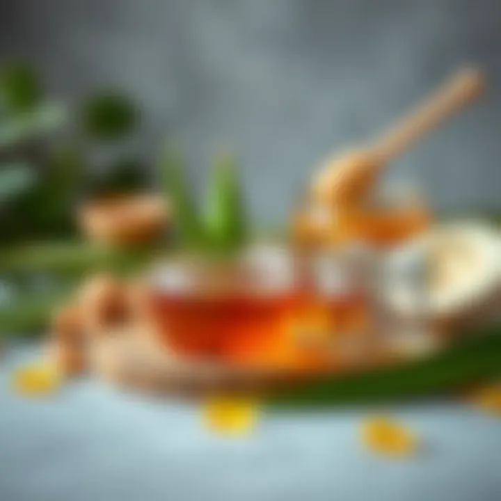 An elegant display of natural ingredients used in facial masks like aloe vera and honey