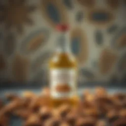 A bottle of natural sweet almond oil with almonds scattered around
