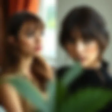 Comparative hairstyle showing bangs on one side and curtain on the other