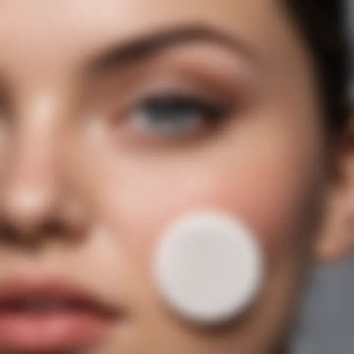 A close-up of a cotton pad being applied to the skin, demonstrating the application of toner.