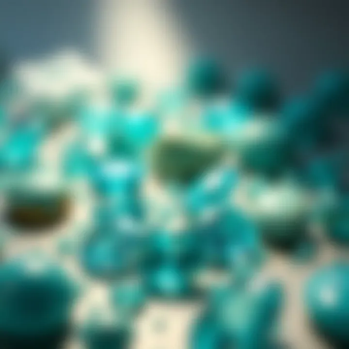 A collection of turquoise gemstones reflecting light in various angles