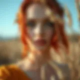 A close-up of a model showcasing vibrant red hair against a wheat skin tone