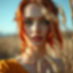 A close-up of a model showcasing vibrant red hair against a wheat skin tone