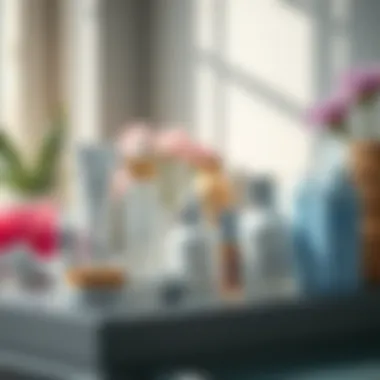 Skincare products in an organized setting