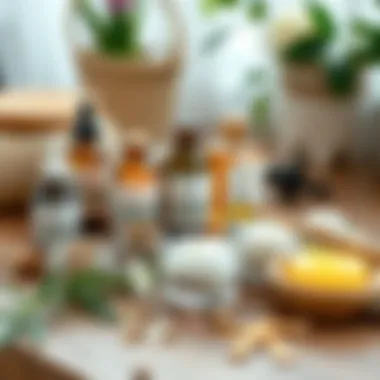 Natural remedies for skin treatment arranged on a wooden table